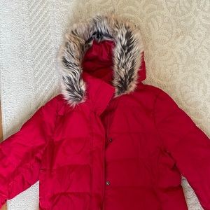 Lands End Red Puffer Coat Parka Mid Length Coat Faux Fur Hood Medium Size 8-10